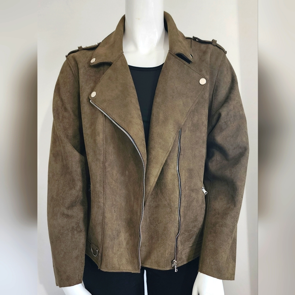 [2X] NWT DEX Plus Olive Faux Suede Moto Jacket